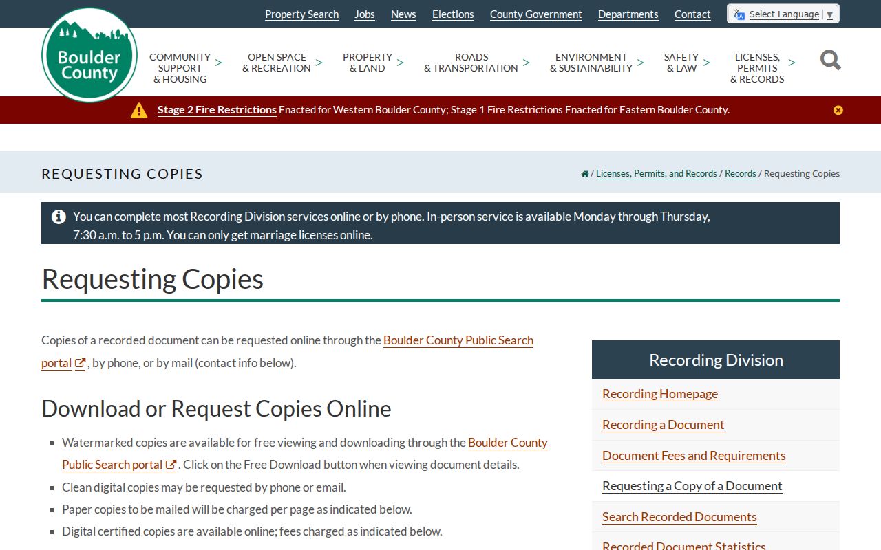 Boulder County residents directory public record copy request route
