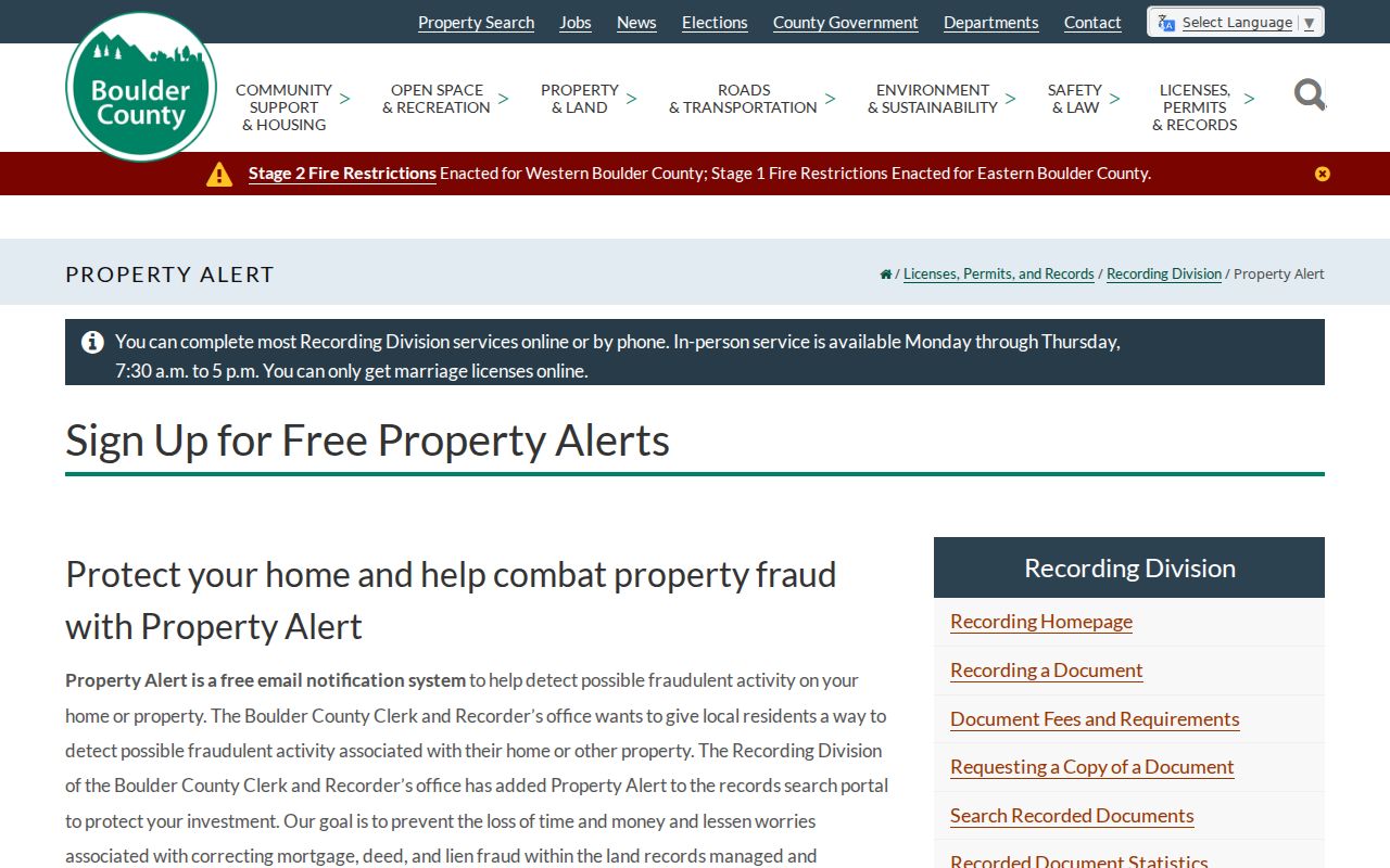 Boulder County previous residents recorded document PropertyAlert setup