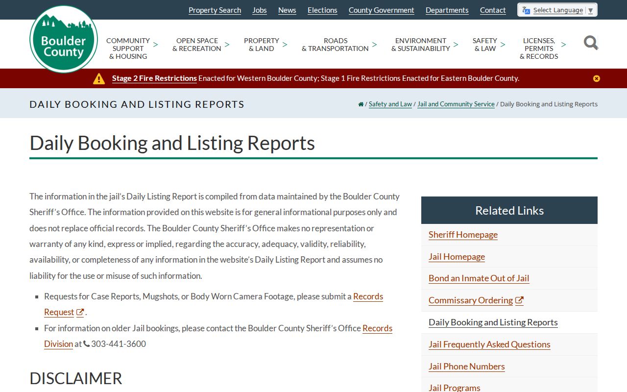 Boulder County resident lookup daily jail booking and listing reports