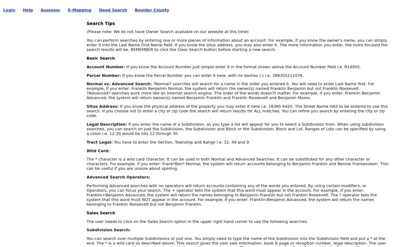 Boulder County ZIP code directory Treasurer property search fields